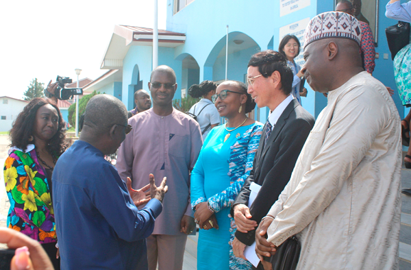 Albert Kan-Dapaah (left), Minister of National Security, interacting with Mochizuki Hisanobu (2nd from right), Japanese Ambassador to Ghana; Dr Angela Lusigi (3rd from right), UNDP Resident Representative; Patience Agyare-Kwabi (left), Director for Women, Youth, Peace and Security Institute at the KAIPTC, and other dignitaries.