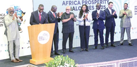 Solomon Quaynor (2nd from left), Vice-President, African Development Bank, launching the 2025 African Prosperity Dialogues. Applauding are Gabby Asare Otchere-Darko (left), Executive Chairman, Africa Prosperity Network; Dr Mohammed Amin Adam (3rd from left); Minister of Finance; Dr Charles Abani (4th from left), UN Resident Coordinator to Ghana, Marufatu Abiola Bawuah (4th from right), CEO, UBA Africa; Kofi Osafo-Maafo (3rd from right), Director-General, SSNIT; Moh Damush (2nd from right), CEO, Telecel Group,  and John-Peter Amewu (right), Minister of Railways Development. Picture: ERNEST KODZI