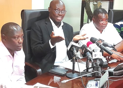 Dr Cassiel Ato Forson (middle), Minority Leader in Parliament, addressing the press. With him are Emmanuel Armah-Kofi Buah (left), Deputy Minority Leader, and Kwame Governs Agbodza (right), Minority Chief Whip 