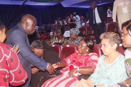 Albert Kwabena Dwumfour (left), President of GJA, exchanging pleasantries with Akosua Frema Osei-Opare (2nd from right), Chief of Staff, during the 3rd  Africa Media Convention in Accra. With them is Dr Rita Bissoonauth (right), Director of UNESCO. Picture: ESTHER ADJORKOR ADJEI
