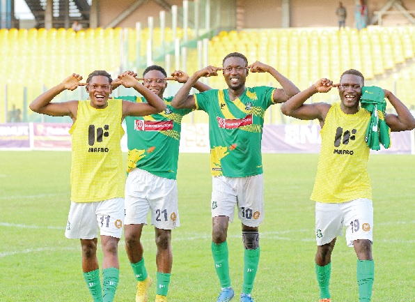 Players of Aduana FC celebrating their victory against Accra Hearts of Oak after the game. Picture: ERNEST KODZI