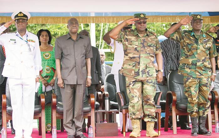  President Mahama (2nd right) takes the national salute at the ceremony. With him are Rear Admiral Peter Kofi Faidoo (left), the Chief of Naval Staff; Dr Benjamin Kunbuor, the Minister of Defence, and Air Marshall Michael Sampson-Oje (right), the Chief of the Defence Staff