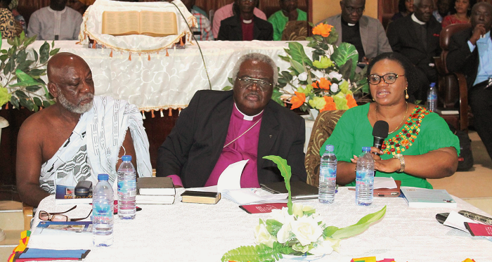   Mrs Charlotte Osei (right), Chairperson of the Electoral Commission, making a statement. Those with her are Prof. Kwame Karikari (left), Dean of Communications Studies at Wisconsin International University College, and Rt Rev. Prof. Emmanuel Martey (middle), Moderator of the General Assembly, Presbyterian Church of Ghana. Picture: MAXWELL OCLOO