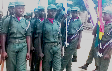  Members of the cadet corps in a military drill.