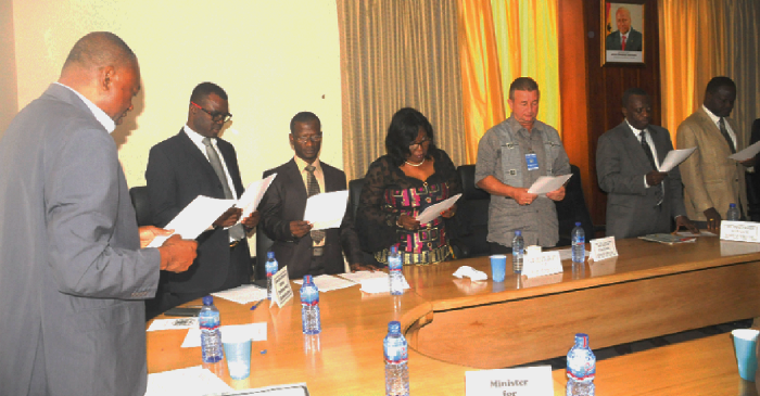  Mr Rashid Pelpuo (left), Minister of State in charge of the Private Sector, inaugurating the State Enterprise Commission Board at a ceremony  in Accra. Picture: GABRIEL AHIABOR