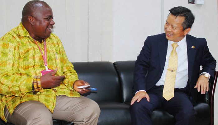  Mr Ransford Tetteh (left), Editor of the Daily Graphic, explaining a point to Mr Lyeo Woon-Ki, the Korean Ambassador to Ghana. Picture: EDNA ADU-SERWAA