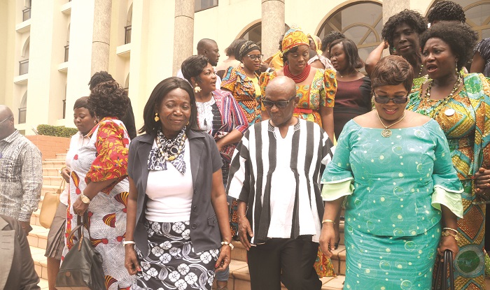 Ms Della Sowah (3rd left), Professor Edmond Delle (2nd right), Chairman of the CPP, Mrs Comfort Asare (right) and other participants after the workshop. Picture: GABRIEL AHIABOR