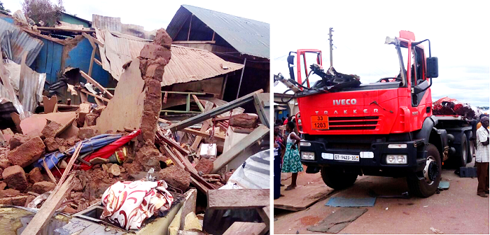 A building knocked down by the explosion and thee wreckage after the gas cylinder had exploded on top of the truck