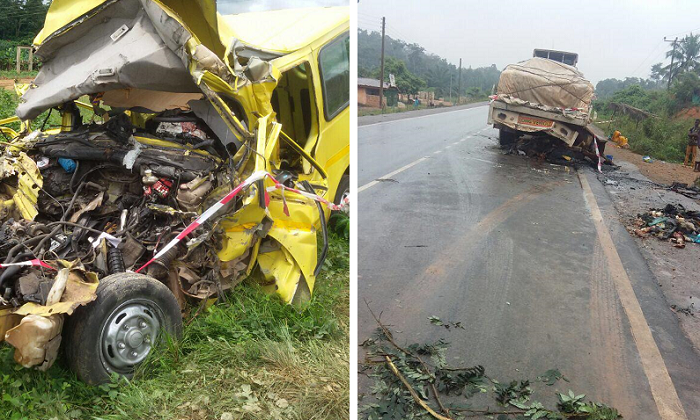 The mangled Ford mini-bus after it had rammed into the articulated truck (left)