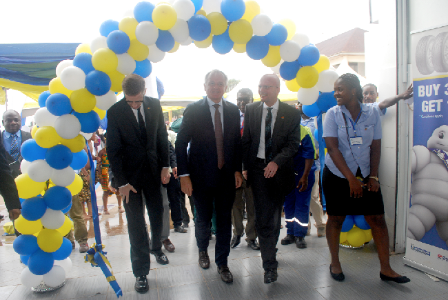 Mr Duwer (right) leading Mr Verneuil and Mr Stoeffler to tour the facility after the opening. Picture: DELLA RUSSEL