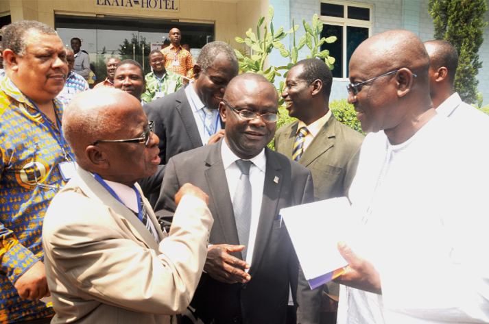  Mr Sam Poku (left), Chief Executive Officer of Business Council for Africa, interacting with Mr Johnny Osei Kofi (right) and Professor Ebenezer Oduro Owusu (2nd right), Vice Chancellor of University of Ghana, at the workshop. With them are some members of the association. Picture: Gabriel Ahiabor