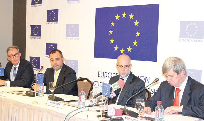  Mr Paul Anderson (left), Press and Public Outreach Officer, Mr Tamas Meszerics (2nd left), Chief Observer, Mr Mark Stevens (2nd right), Deputy Chief Observer and Mr Eduard Kukan (right), Member of European Parliament (MEP), addressing the press. Picture: Benedict Obuobi