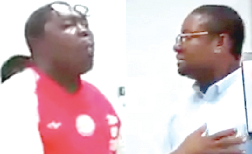 An angry party supporter (left) seeking explanation from Mr Agbenyo