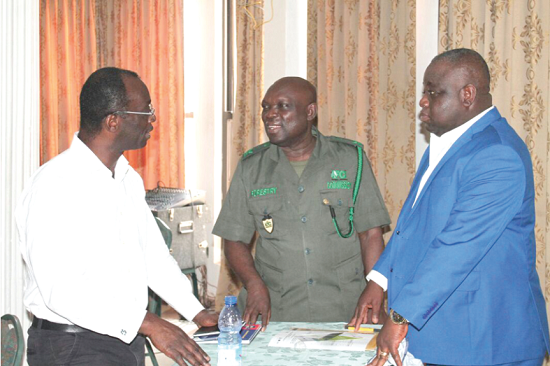 Mr Chris Beeko (left), Mr Oppon Sasu (middle), Director Corporate Planning, Monitoring and Evaluation, Projects and Donor Relations, Forestry Commission and Mr Raphael Yeboah (right), Executive Director of Forestry Services Division, Forestry Commission, in a discussion after the workshop. PICTURE: MAXWELL OCLOO
