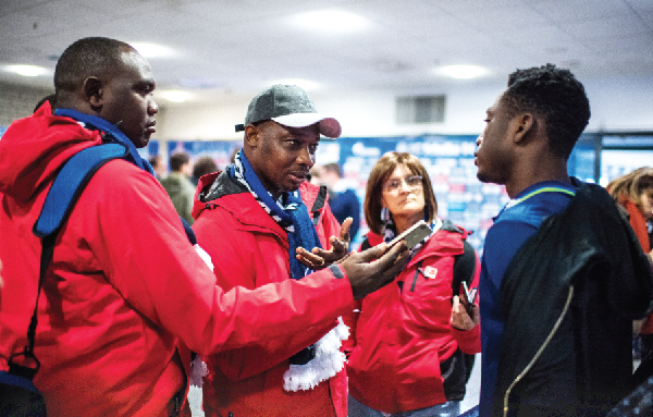Baba Rahman being interviewed by Graphic Sports’ Maurice Quansah (in cap) after the Schalke - SV Darmstadt 98 match last Sunday.