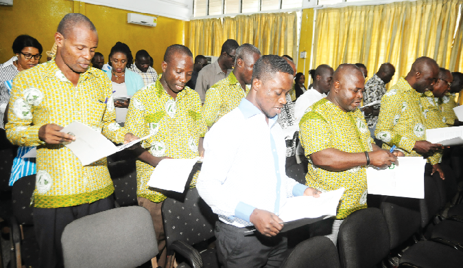 Members of the Ghana Mine Workers Union of the  Ghana Trades Union Congress  singing at the function in Accra. Picture: Emmanuel Quaye