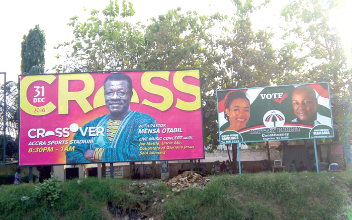   Billboards depicting a mix of political and religious activities for the festive season