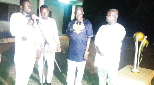 Captain of the team, Issah Adamu (with mic) supported by Patrick Cole, thanking the president, Kingsley Owusu Achau ( 2nd right) while Nana Basoua (right), a patron of the club looks on.