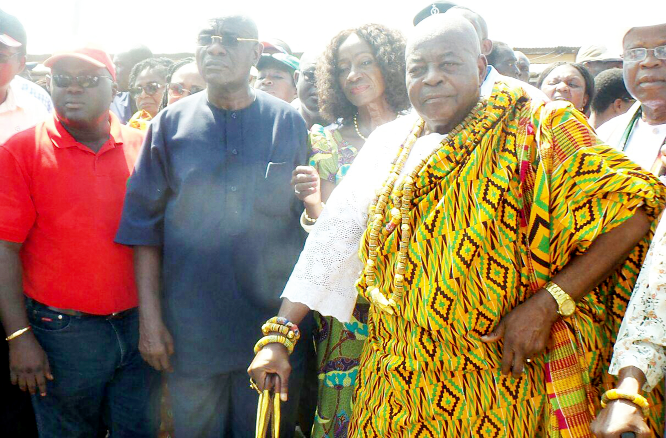 From right: Togbui Sri, the Awormefia;  Mr Doe Adjaho, the Speaker of Parliament; Mr Julius Debrah, the Chief of Staff, and Ms Sherry Ayittey being shown the project design (inset).