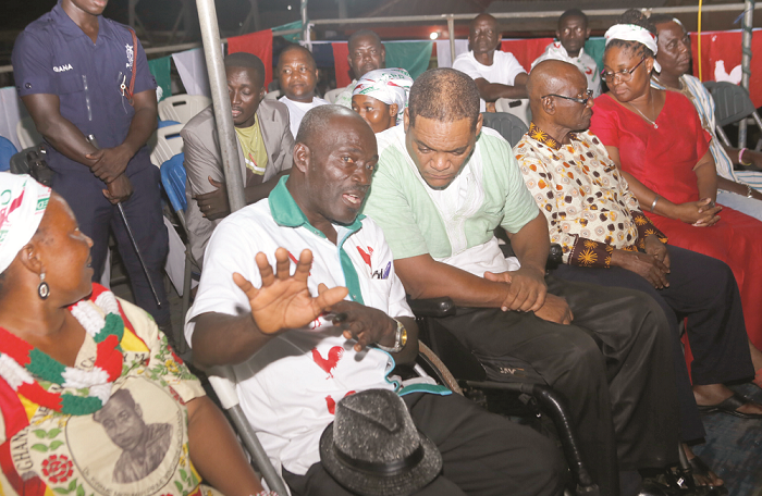Lawyer Nana Abakah (2nd left), aspiring MP for Kwesimintsim Constituency, interacting with Mr Ivor Kobina Greenstreet (3rd right), flag bearer of the CPP, during the rally at Kwesimintsim in the Western Region. Picture: EMMANUEL ASAMOAH ADDAI