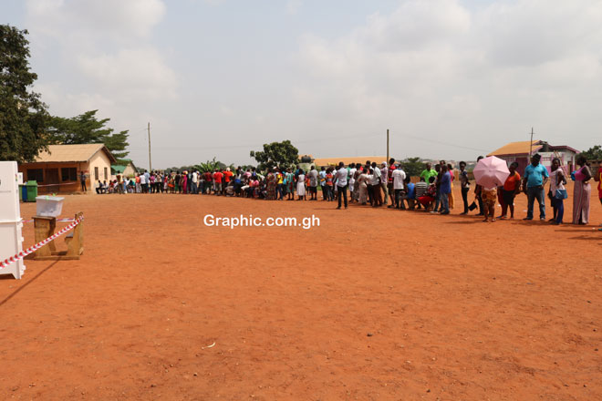 Voters waiting for their turn at the South Suntreso SDA school. PICTURE BY ENOCH DARFAH FRIMPONG