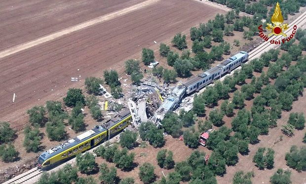 Scene of crash in which two trains collided in Puglia, southern Italy. Photograph: ITALIAN FIRE BRIGADE / HANDOUT/EPA