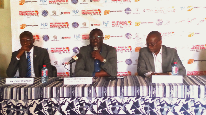 The Deputy Minister of Youth and Sports, Mr Vincent Oppong Asamoah, addressing yesterday's briefing. He is flanked by Mr Charles Wordey of NIB (left) and the Director General of the National Sports Authority, Joe Kpenge.