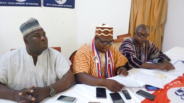 Mr Mohammed Abdul-Kudus (middle) speaking at the press conference. With him are Mr Bugri Naabu (left) and Mr Sule Salifu, the NPP Northern Regional Secretary. Picture: SAMUEL DUODU
