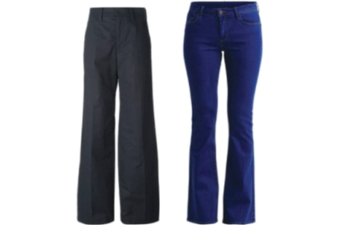 Flared, boot-cut and wide trousers and jeans are the best way to go for your figure type