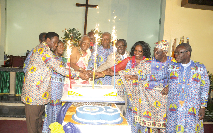 Vice President Kwesi Amissah Arthur (5th right),  Obrempong Kojo Ababio (3rd left), James Town Mantse, Most Reverend Titus Awotwi Pratt (extreme left),Presiding Bishop of the Methodist Church Ghana and other officials jointly cutting the anniversary cake. Picture: GABRIEL AHIABOR