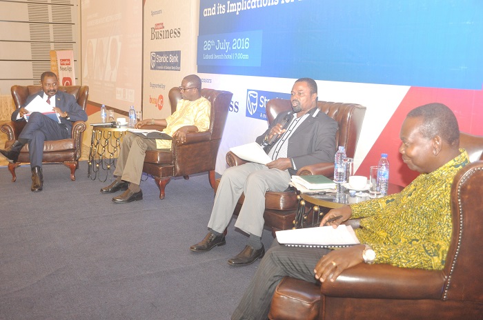 Dr Vladimin Antwi-Danso (2nd right), Dean of Academic Affairs, Ghana Armed Forces and Staff College, speaking at the meeting. Those with him are Mr Anthony Nyame-Baafi (right), Director, Multilateral, Regional and Bilateral Trade, MOTI, Nana Osei Bonsu (extreme left), CEO, Private Enterprise Federation, and  Dr Yao Graham, Executive Director, Third World Network.  Pictures: DOUGLAS ANANE-FRIMPONG &amp; SAMUEL TEI ADANO