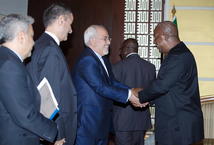 President John Dramani Mahama welcoming Mr Mohammed Javad Zarif and his team to the Flagstaff House