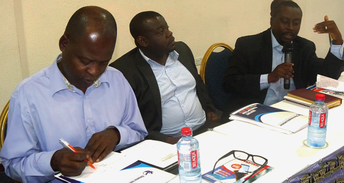 The Deputy Director of the CDD, Dr Franklin Oduro (right), making his submissions. To his immediate left is a Legal Associate of the Centre for Public Interest Law and next to him is a member of PIAC, Dr Stephen Mantheaw. Picture: PATRICK DICKSON