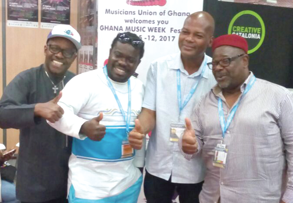 The president of the Musicians Union of Ghana (MUSIGA), Bice Osei Kuffour, better known as Obuor (2nd left) and other Ghanaian music executives .