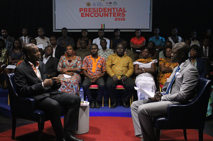  Mr Jacob Osei Yeboah (left), Independent Presidential Candidate, speaking at the GBC/Star-Ghana Presidential Encounter 2016. With him is Mr Abdul Hayi Moomen (right), Host of the show. PICTURE: MAXWELL OCLOO