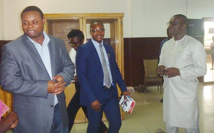 From (left): Mr Franklin Cudjoe, the Founder and President of IMANI, Mr Abdul Razak Yakubu and Mr Doudou Dia, the Executive Director for Goree Island, interacting at the workshop.