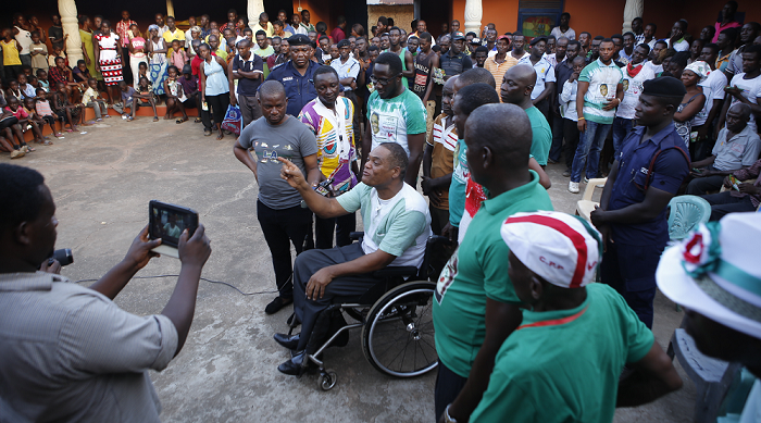  Mr Greenstreet (in wheelchair) addressing a crowd of supporters at the chief’s palace at Manso Amenfi Central. Picture: EMMANUEL ASAMOAH ADDAI 