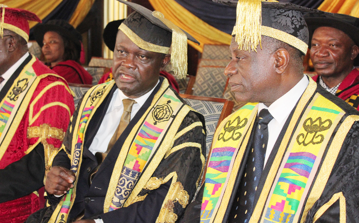  Professor Ebenezer Oduro Owusu, Vice-Chacellor, University of Ghana interacting with Rev Professor Cephas Omenyo, Ag Pro Vice-Chancellor, at the ceremony. Picture: BENEDICT OBUOBI 