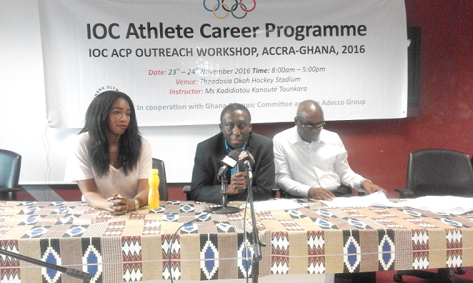  Prof Francis Dodoo (middle) speaking at the event while Ms Kady Kanoute (left) and Mr Richard Akpokavie look on