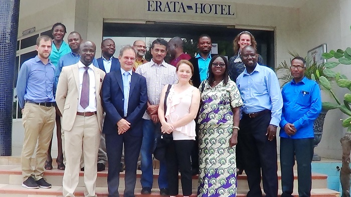 Dr Edward Ebo Onumah, Country Coordinator  (2n left), Prof Maarten Banvick, General Coordinator (3rd left) and Dr Benjamin Campion, Dept of Fisheries (2nd right) in a group picture with the Participants. Picture: OWUSU INNOCENT