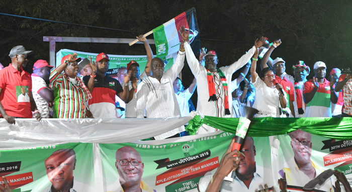   Madam Anita Desoso (holding microphone) and Mr Ade Coker, Greater Accra Regional Chairman of NDC, introducing Mr Ofosuware at the rally