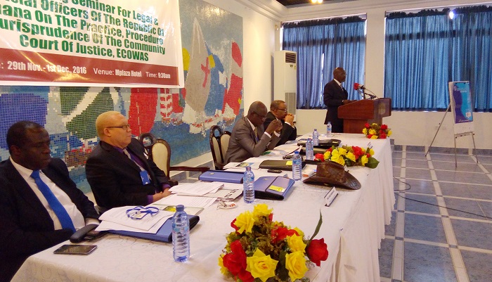 The Vice-President of the ECOWAS Community Court of Justice, Mr Justice Micah Wilkins Wright, addressing the participants in the seminar.