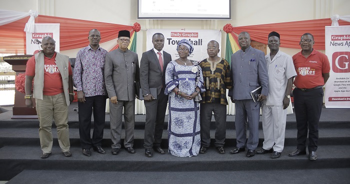 Officials of the GCGL, including the Board Chair, Prof, Omane-Antwi (3rd right), and political party representatives at the Town Hall Meeting. Picture: DOUGLAS ANANE-FRIMPONG