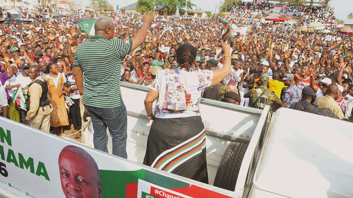  President Mahama and wife, Lordina, responding to cheers from the enthusiastic crowd during a rally at Wenchi. Picture:  EBOW HANSON