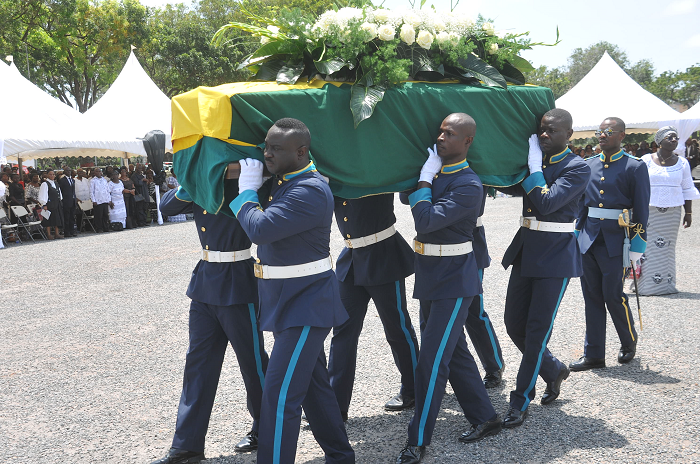  Pall-bearers from the Ghana Air Force carrying the coffin of Dr (Mrs) Mary Grant