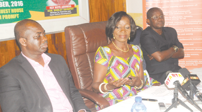  Ms Sherry Ayittey (middle) addressing the media at a forum in  Accra. Those with her are Mr Kenneth Owusu (left), Senior Policy Analyst and Technical Advisor to the Director General of the NDPC, and Mr Tony Prempeh. Picture: GABRIEL AHIABOR