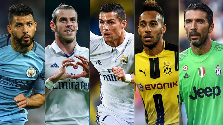 Ballon d’Or nominees Sergio Aguero, Gareth Bale, Cristiano Ronaldo, Pierre-Emerick Aubameyang and Gianluigi Buffon