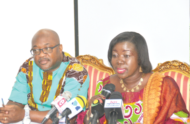 •  Mrs Elizabeth Ofosu-Adjare speaking at the stakeholders’ meeting. With her is Mr Gideon Aryeequaye of the Ghana Tourism Authority.