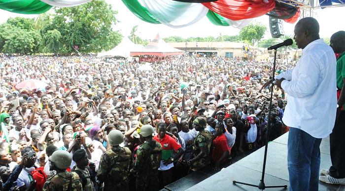 President Mahama addressing NDC supporters during the launch of the Pru Constituency campaign at Yeji. Picure: EBOW HANSON