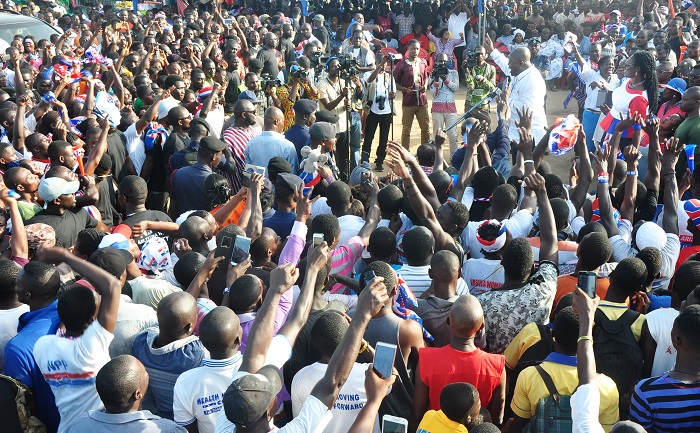 Nana Addo (arrowed) addressing a mini rally at Glefe in the Ablekuma West Constituency in the Greater Accra Region. With him is Ursula Owusu-Ekuful, NPP parliamentary candidate for the area. Picture: Samuel Tei Adano 